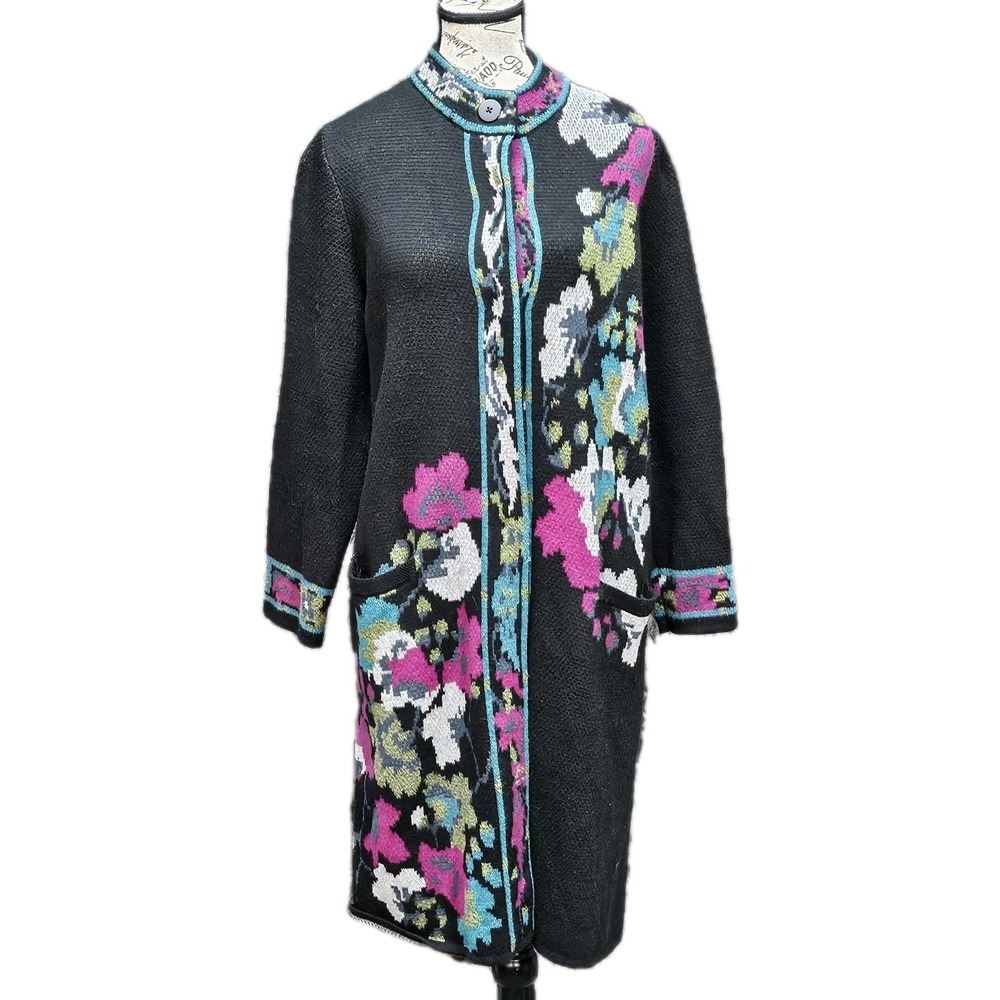 J Jill Duster Cardigan M Petite Floral Intarsia Asian Fairy Folk Dark Academia